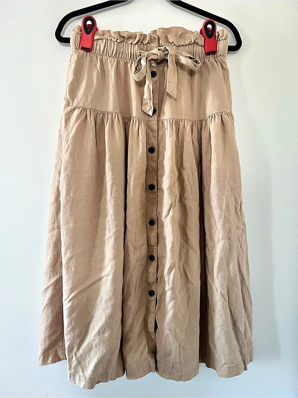 Tan Linen Blend Button Front Midi Skirt Small Neutral Cottagecore Modest
